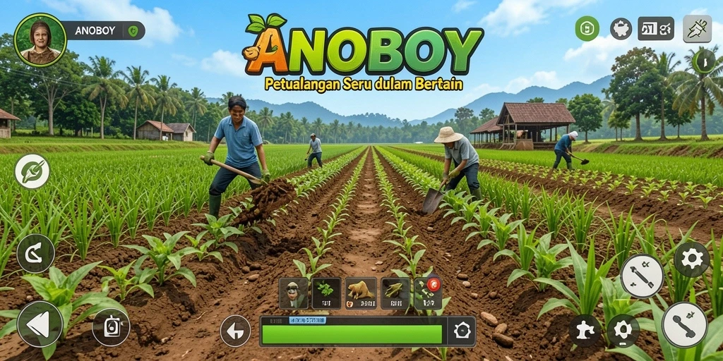 Tampilan gameplay ANOBOY dengan pertanian yang menawan.