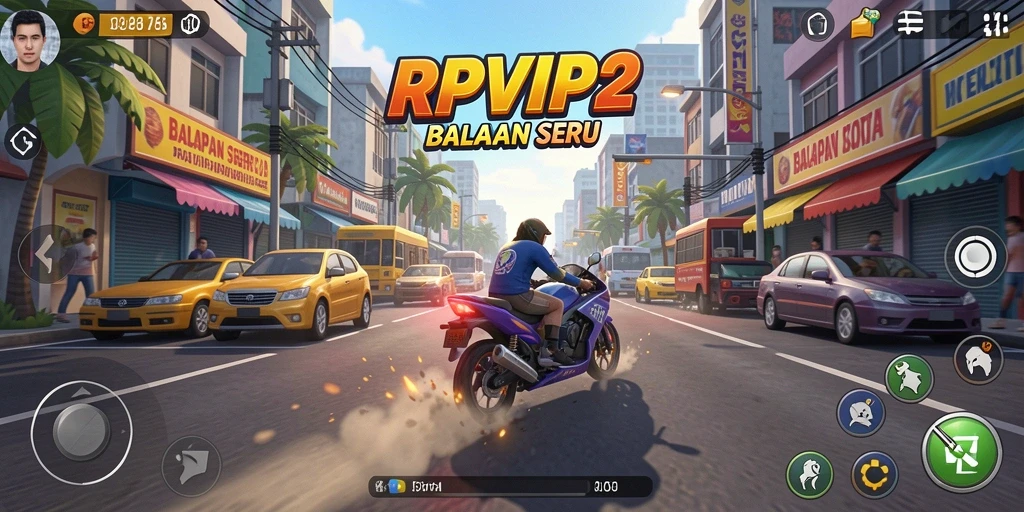 Screenshot RPVIP2 menampilkan aksi balapan cepat dan seru di jalanan kota.