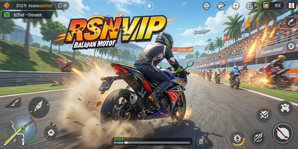 Tampilan gameplay RSNVIP yang mendebarkan dan penuh aksi balapan motor.
