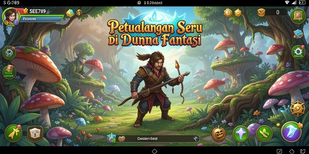 Screenshot utama SEE789 menampilkan karakter dalam petualangan seru di dunia fantasi.